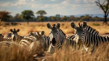 Photo of a herd of Zebra resting in an open area on the Savanna. Generative AI