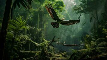 Photo of Archaeopteryx Rex in the Jungle. Generative AI