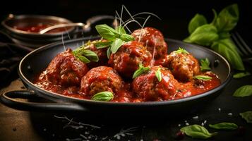 Photo of Meatballs in Marinara Sauce as a dish in a high-end restaurant. Generative AI