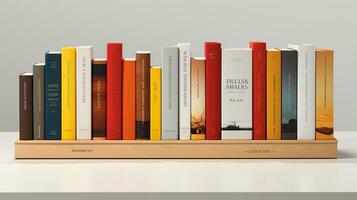 3d rendering of a book shelf with books in front of grey background. Generative AI photo