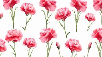 Seamless pattern of Carnation flower in watercolor style isolated on white background. Carnation flower texture background. Generative AI photo