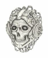 Futuristic skull hand drawing on paper make graphic vector. vector