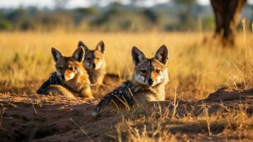 Photo of a herd of Jackal resting in an open area on the Savanna. Generative AI