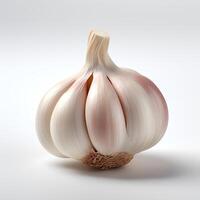 Photo of Garlic on wooden board isolated on white background.