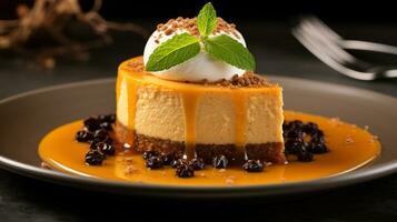 Photo of Pumpkin Cheesecake as a dish in a high-end restaurant. Generative AI