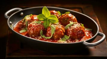 foto de albóndigas en marinara salsa como un plato en un gama alta restaurante. generativo ai