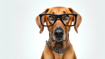 Photo of a Rhodesian Ridgeback dog using eyeglasses isolated on white background. Generative AI