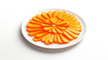 Photo of Carrot sliced pieces on white plate isolated on white background.generative ai