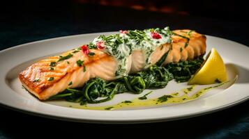 Photo of Spinach and Feta Stuffed Salmon as a dish in a high-end restaurant. Generative AI