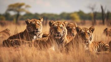 Photo of a herd of Tiger resting in an open area on the Savanna. Generative AI