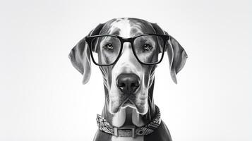 Photo of a Great Dane dog using eyeglasses isolated on white background. Generative AI
