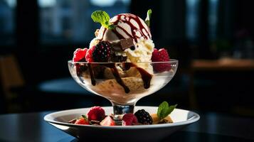 foto de el elegancia de hielo crema helado con frutas y nueces arreglado en un prístino blanco porcelana plato en un elegante comida ajuste. generativo ai