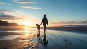 Photo of a boy walking with his pet dog on the beach in the morning. Generative AI