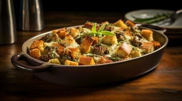 Photo of Sage and Sausage Stuffing as a dish in a high-end restaurant. Generative AI