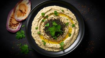 Photo of Baba Ghanoush as a dish in a high-end restaurant. Generative AI