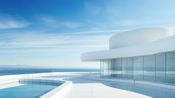 Modern architecture, white building with blue sky background. 3d render. Generative AI photo