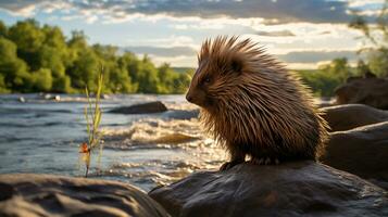 Close-up photo of a Porcupine looking in their habitat. Generative AI