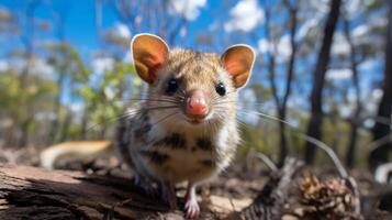 Photo of Quoll in ther forest with blue sky. Generative AI