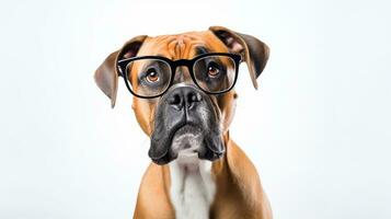 Photo of a Boxer dog using eyeglasses isolated on white background. Generative AI