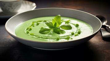 Photo of Spring Pea and Mint Soup as a dish in a high-end restaurant. Generative AI