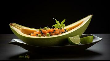 Photo of Papaya Boat with Lime as a dish in a high-end restaurant. Generative AI