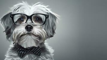 Photo of a Havanese dog using eyeglasses isolated on white background. Generative AI