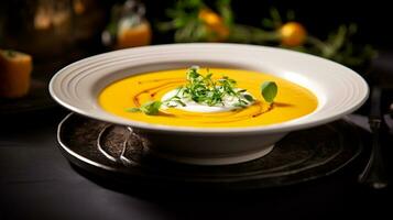 Photo of Butternut Squash Soup as a dish in a high-end restaurant. Generative AI