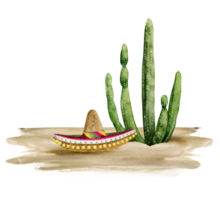 Desert cactus Saguaro and sombrero hat laying on sand watercolor illustration. Mexican nature scene png