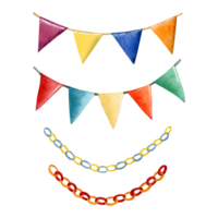 Watercolor festive flags and paper garlands illustration set with yellow, blue, red, green decor for party and holiday celebration png