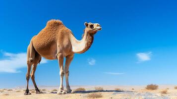 Photo of a Camel in a Desert with blue sky. Generative AI