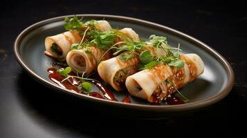 Photo of Spring Rolls as a dish in a high-end restaurant. Generative AI