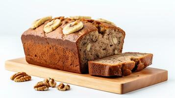 Photo of a banana nut bread on a wooden board. Generative AI