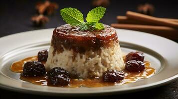 Photo of Rice and Date Pudding - Roz Bel Tamr as a dish in a high-end restaurant. Generative AI