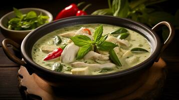 Photo of Thai Green Curry as a dish in a high-end restaurant. Generative AI