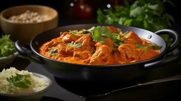 Photo of Tikka Masala as a dish in a high-end restaurant. Generative AI