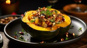 Photo of Stuffed Acorn Squash as a dish in a high-end restaurant. Generative AI