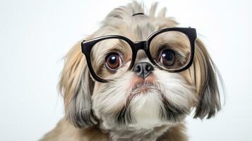 Photo of a Shih Tzu dog using eyeglasses isolated on white background. Generative AI