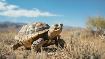 Photo of a Desert Tortoise in a Desert with blue sky. Generative AI