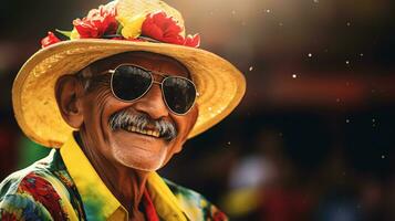 Old man using Colombia hat and sunglasses when celebrates Dia de la Raza. Generative AI photo