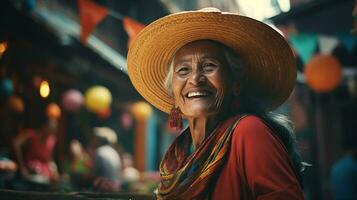 Happy face of Grandmother celebrate Dia de la Raza. Generative AI photo