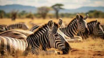 Photo of a herd of Zebra resting in an open area on the Savanna. Generative AI