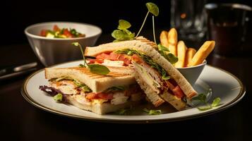 Photo of Club Sandwich as a dish in a high-end restaurant. Generative AI
