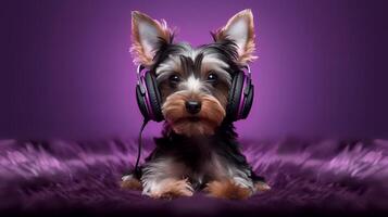 Photo of yorkshire terrier using headphone on purple background.