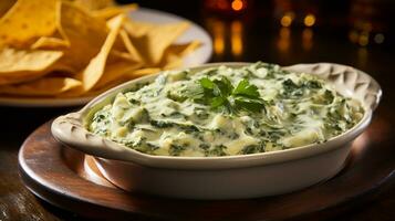 Photo of Spinach and Artichoke Dip as a dish in a high-end restaurant. Generative AI