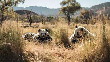 foto de un manada de panda descansando en un abierto zona en el sabana. generativo ai