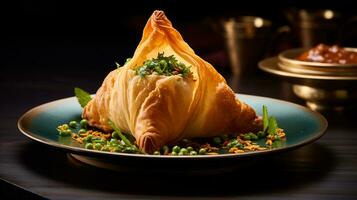 Photo of Samosa as a dish in a high-end restaurant. Generative AI