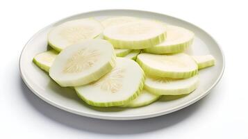 Photo of Kohlrabi slices on a plate isolated on white background. generative ai