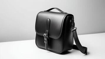 Photo of Minimalist black leather female bag isolated on white background.