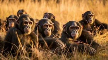 Photo of a herd of Chimpanzee resting in an open area on the Savanna. Generative AI