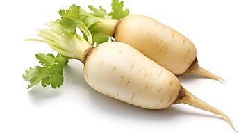 Photo of Daikon radish isolated on white background.